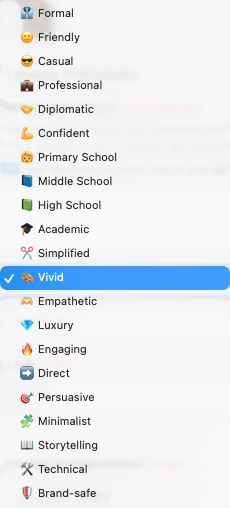 Tonalitätsauswahl mit ausgewählter Option Vivid
